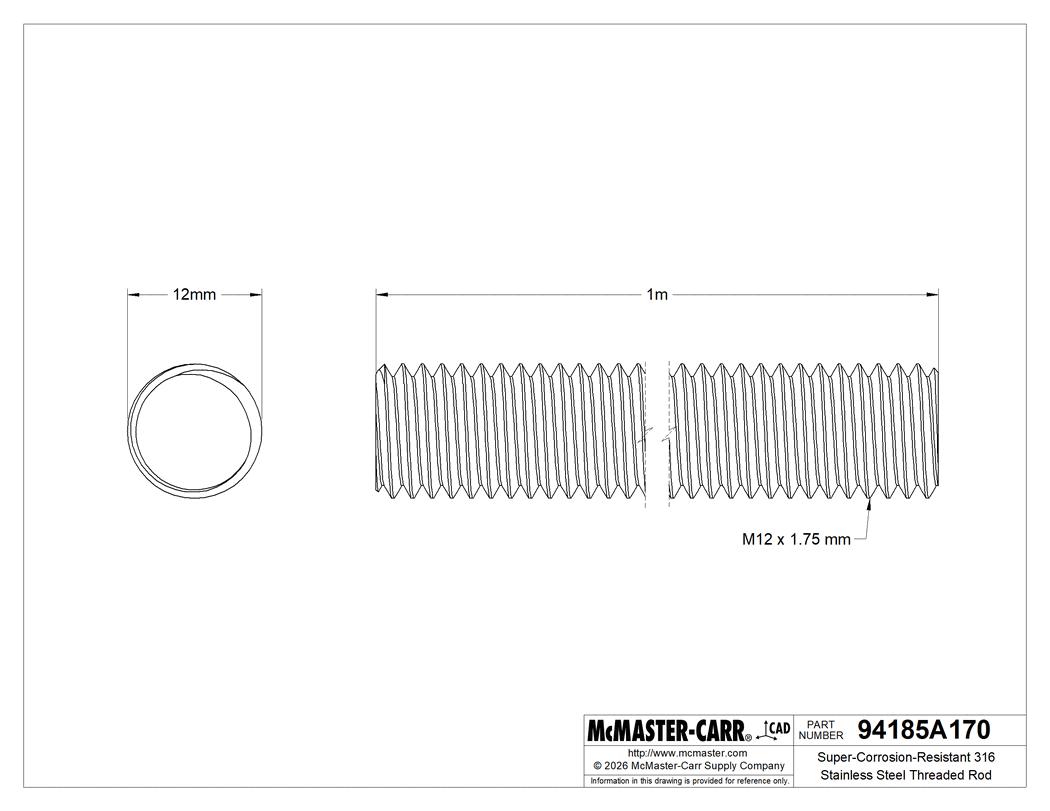 Technical Drawing of Super-Corrosion-Resistant 316 Stainless Steel Threaded Rod, M12 x 1.75 mm Thread Size, 1 M Long.